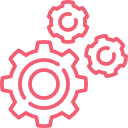A graphic illustration of three pink gears interlinked.