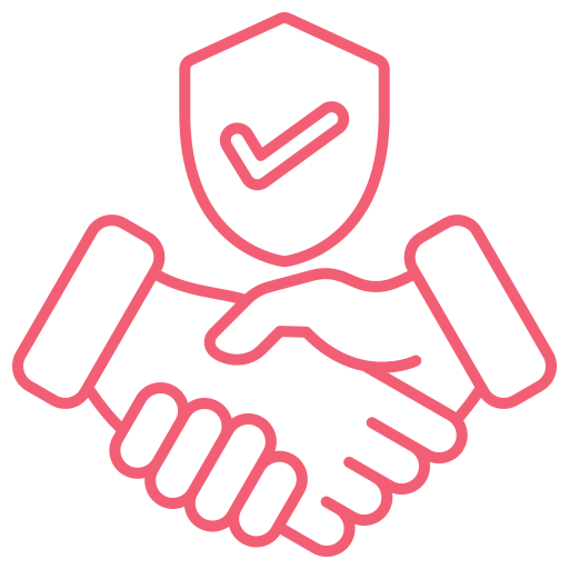 Outline of two hands shaking, with a shield and checkmark above them, symbolizing agreement or trust.