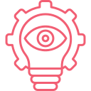 A pink icon of a light bulb with a gear and an eye inside it, representing innovation and vision.