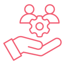 Outline of a hand holding a gear and three connected user icons above it