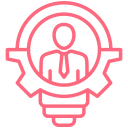 Outline of a person inside a gear or cogwheel, representing concepts of leadership or technical expertise.