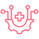 A stylized pink circuit board with a medical cross at the center