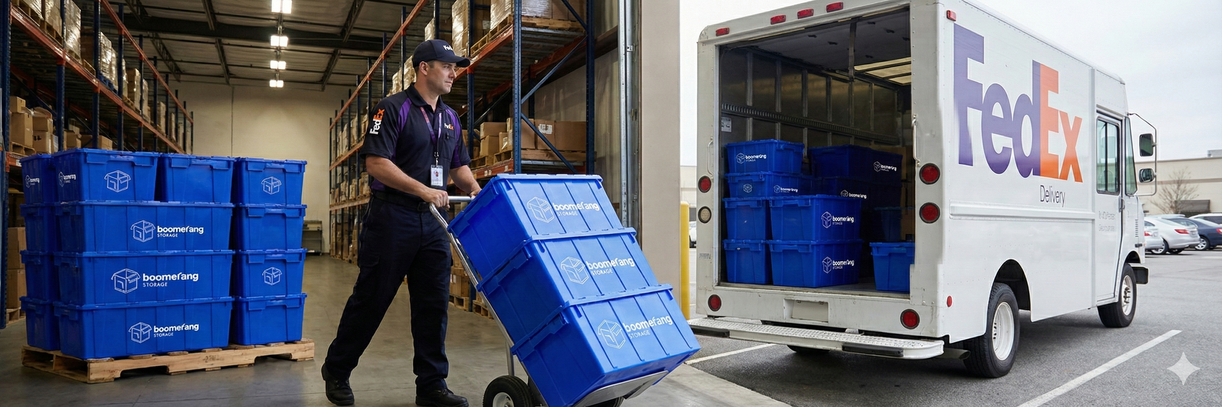 A FedEx delivery worker loading blue Boomfane storage bins into a FedEx delivery truck in a warehouse parking lot.