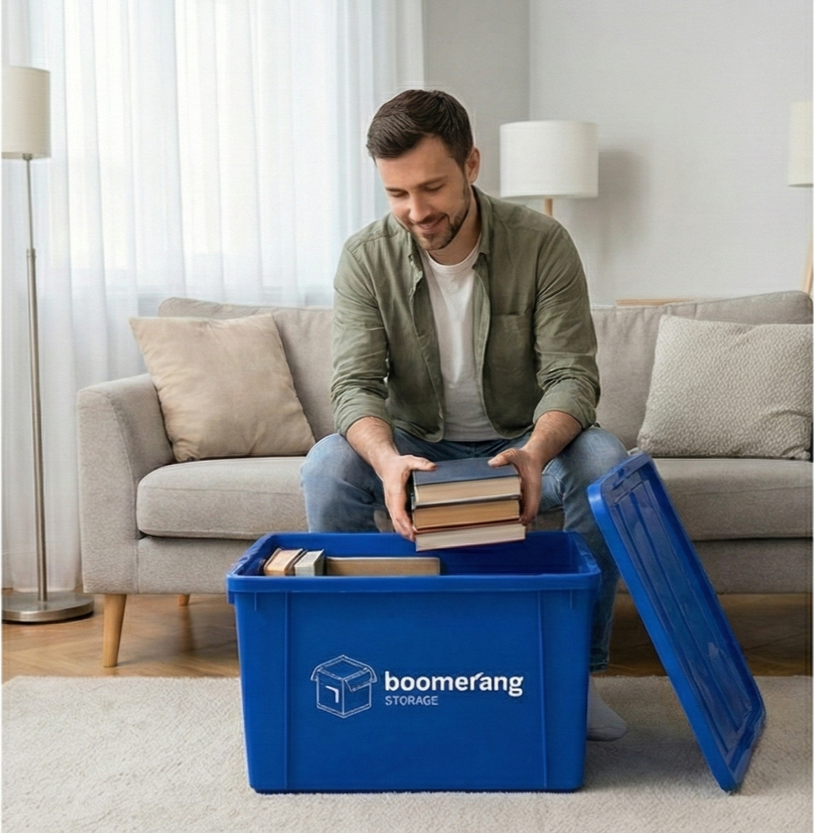 A man sitting on a gray sofa, packing books into a blue storage container labeled 'boomerang STORAGE' in a living room with natural light, a beige pillow, and a white lamp in the background.
