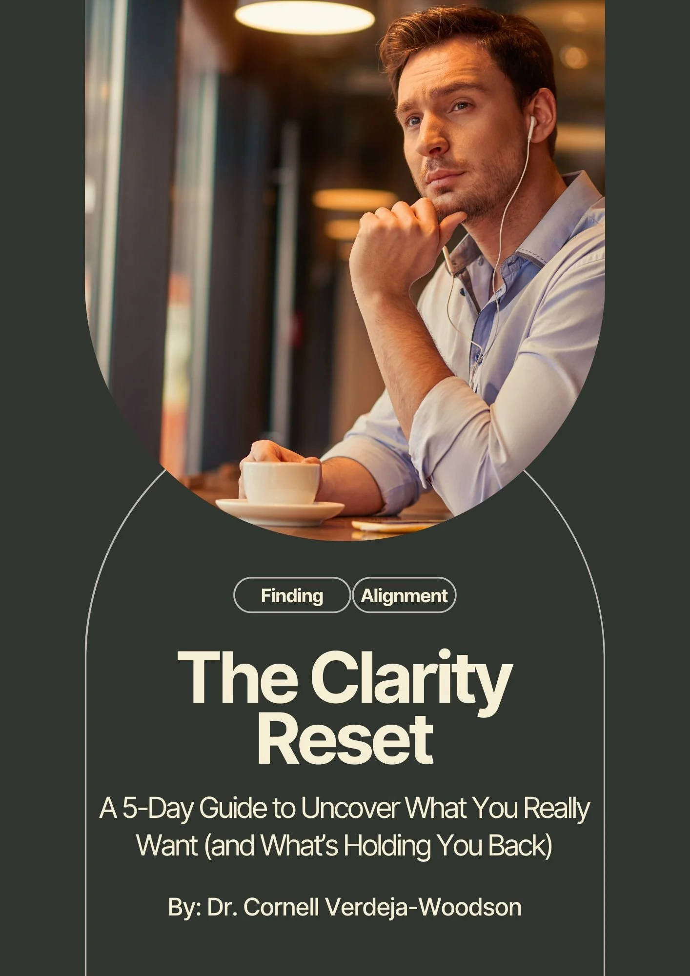 Man with earbuds in looking off to the side with his hand on his chin with a cup of coffee.