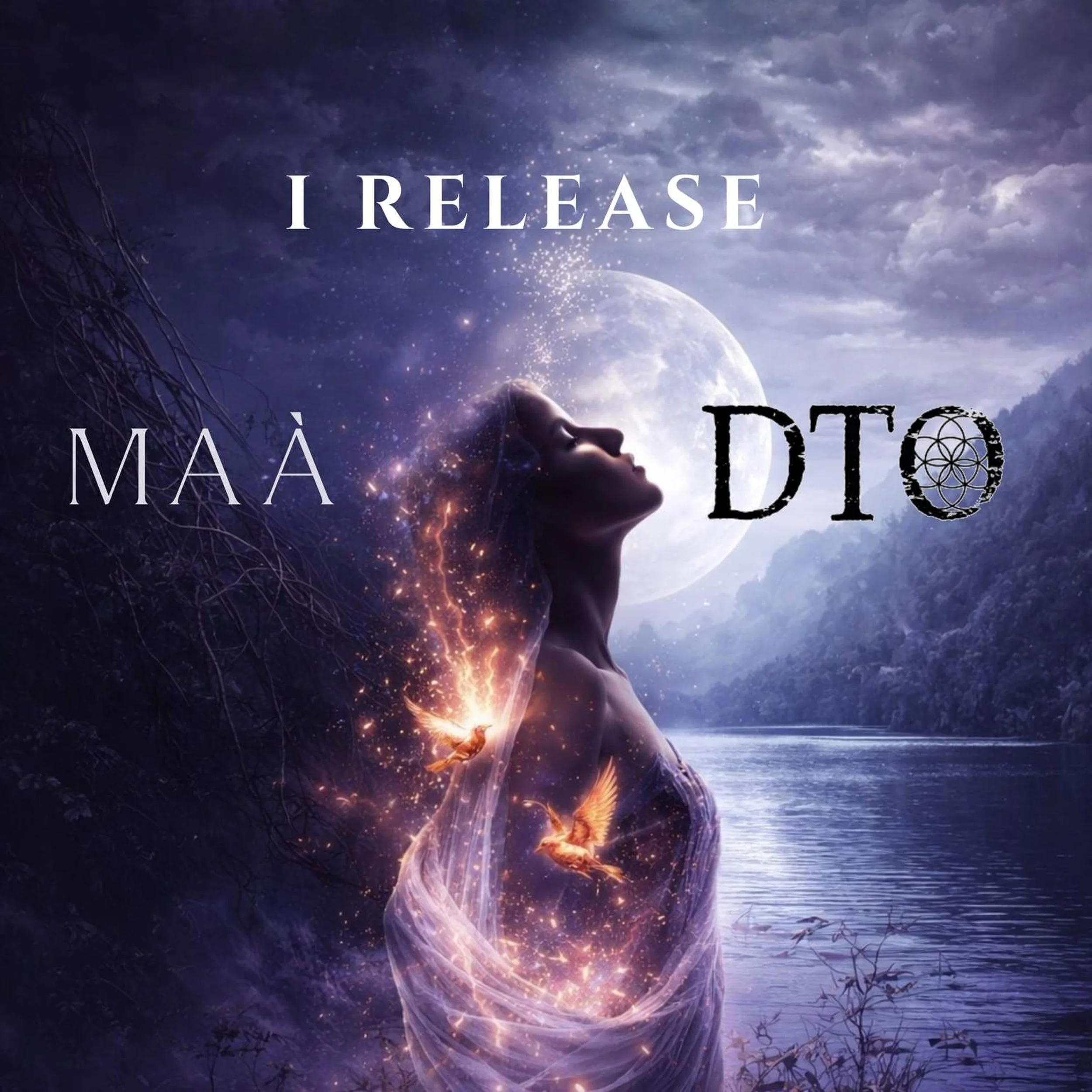 A woman with her eyes closed, surrounded by glowing birds and sparkles, standing near a river under a full moon and cloudy sky, with text saying 'I Release MAÀ DTO'