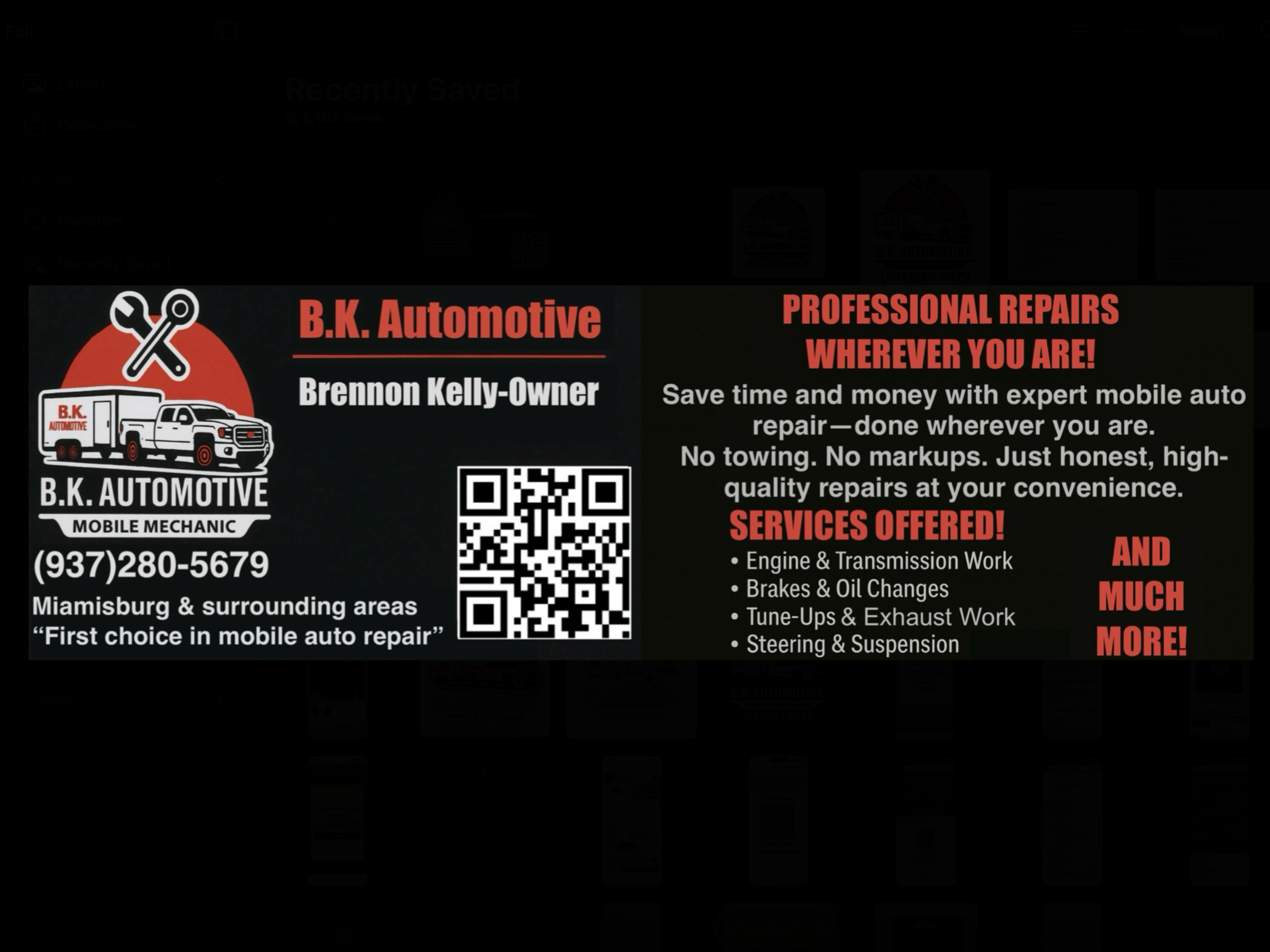 Business card for B.K. Automotive featuring a logo with crossed wrench and screwdriver, contact info, QR code, and list of automotive repair services.