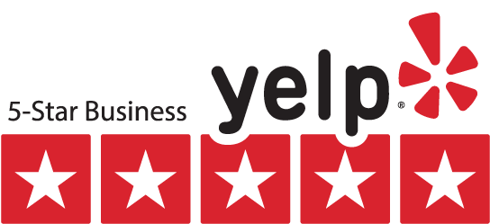 Yelp logo with five red stars underneath, indicating five-star ratings.