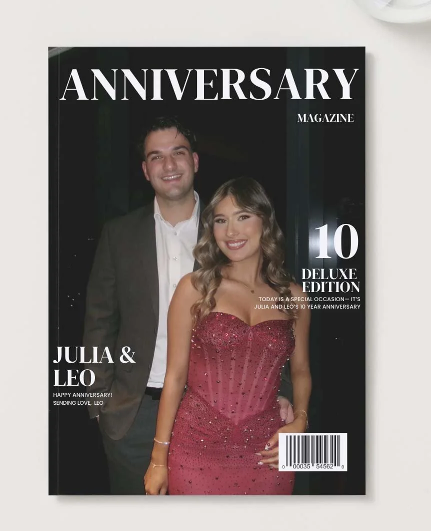 Cover of an anniversary magazine featuring a smiling man in a suit and a woman in a red dress, with text celebrating Julia and Leo's 10-year anniversary.