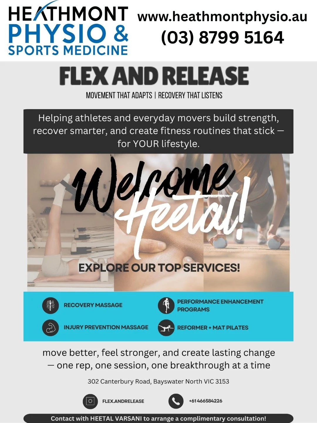 ✨ We&rsquo;re excited to welcome Heetal Varsani from Flex &amp; Release! ✨

We&rsquo;re proud to share that Heetal Varsani, Remedial Massage Therapist from Flex &amp; Release, has chosen Heathmont Physio &amp; Sports Medicine as the new location to o