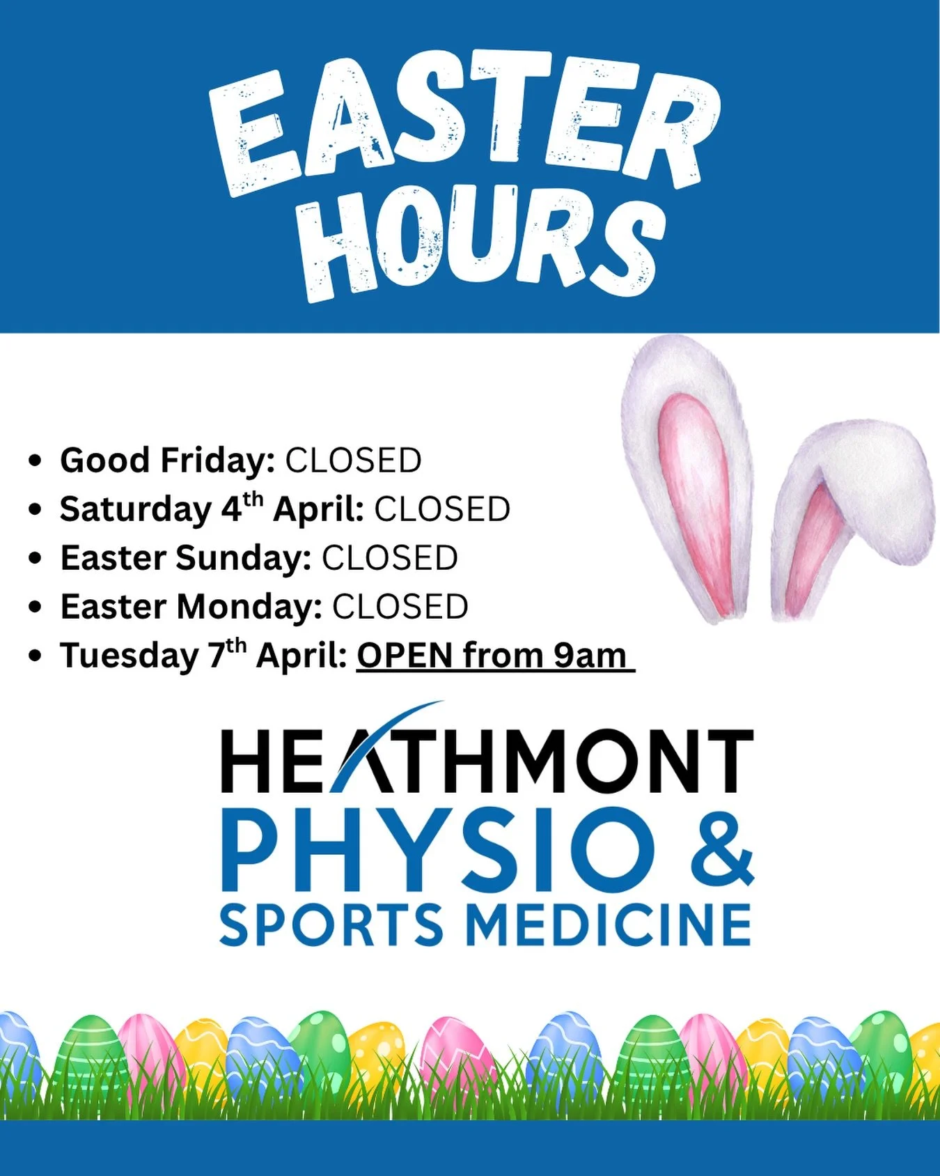 We&rsquo;ll be closed over the Easter long weekend from Good Friday through to Easter Monday 🐰

We&rsquo;ll be back on Tuesday from 9am, ready to help with all your Physiotherapy needs 🏃&zwj;♀️⚽️🏀

Enjoy the break, treat yourself to some chocolate