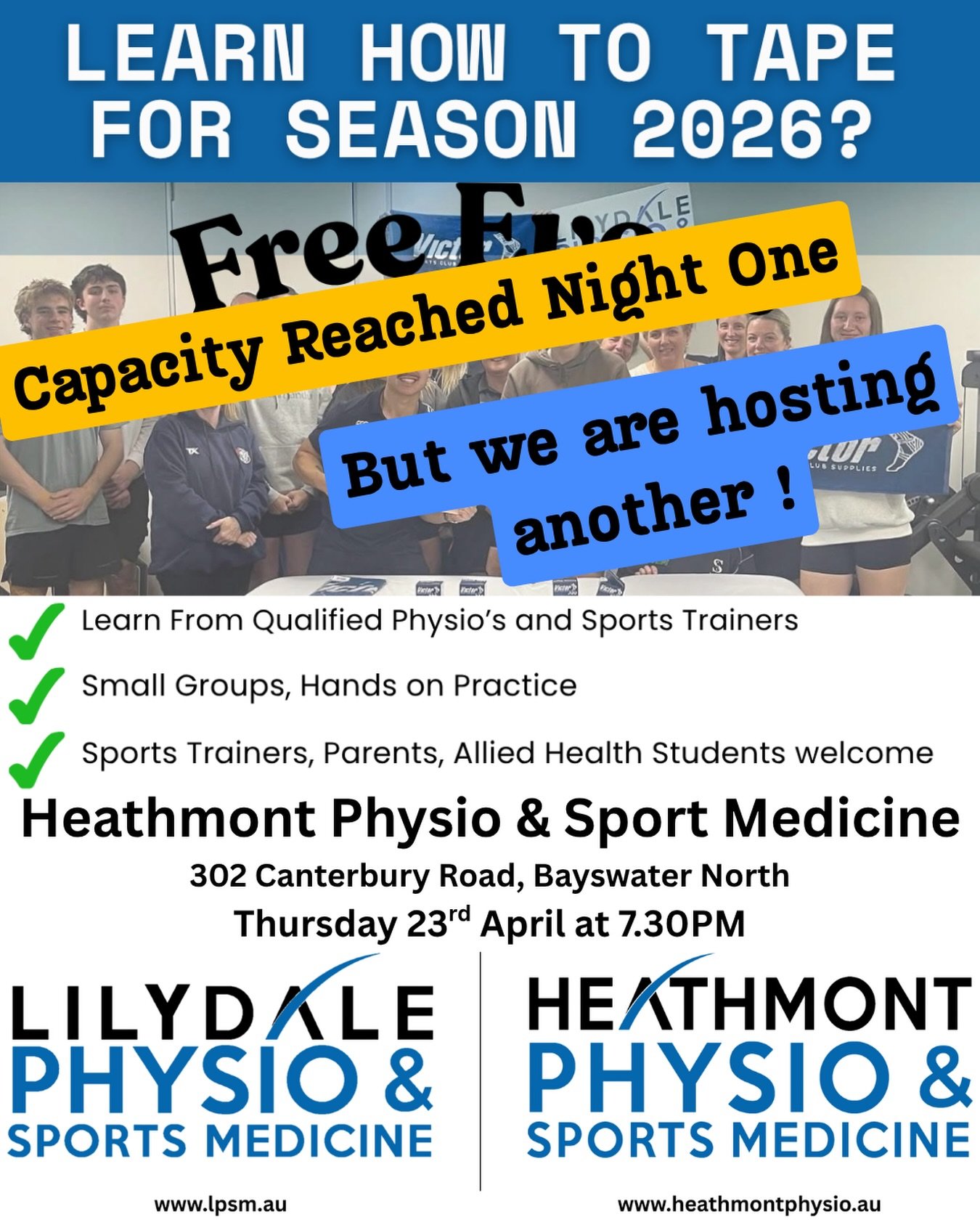 🔥 WOW &mdash; Night 1 BOOKED OUT! 🔥

The response has been unreal&hellip; so we&rsquo;re opening up a SECOND session 🙌

💥 This is your chance to level up your taping skills
💥 Learn from experienced Physios &amp; Sports Trainers
💥 Hands-on, smal