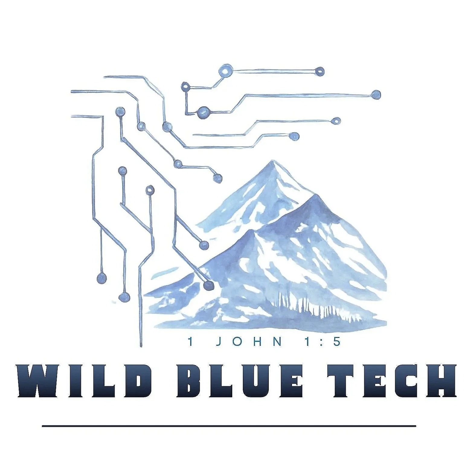 Watercolor illustration of two blue mountains with circuit lines above, text reading '1 John 1:5', and the phrase 'Wild Blue Tech' at the bottom.