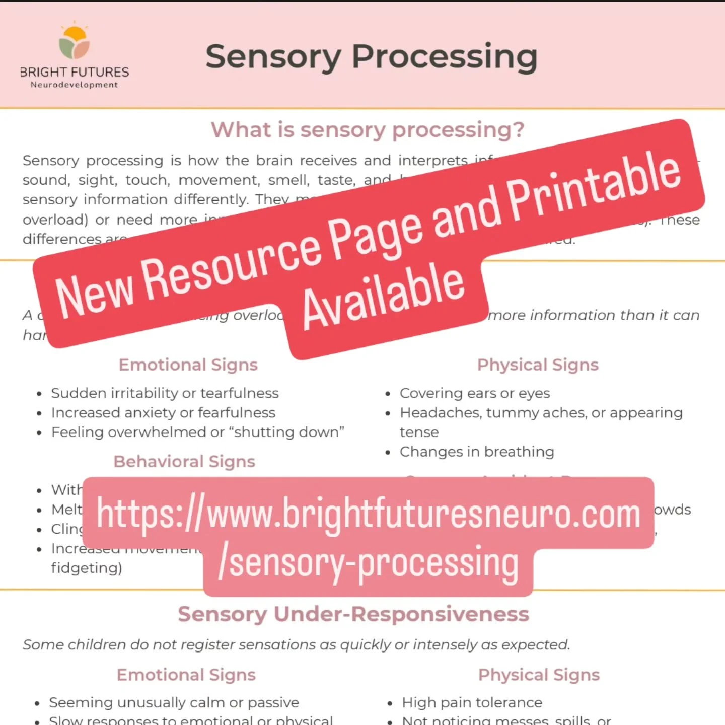 ✨ New Resource Alert! ✨
Our Sensory Processing resource page is now live on the Bright Futures Neurodevelopment website!

This family-friendly guide breaks down:
&bull; What sensory processing is
&bull; Signs of sensory overload and under-responsiven