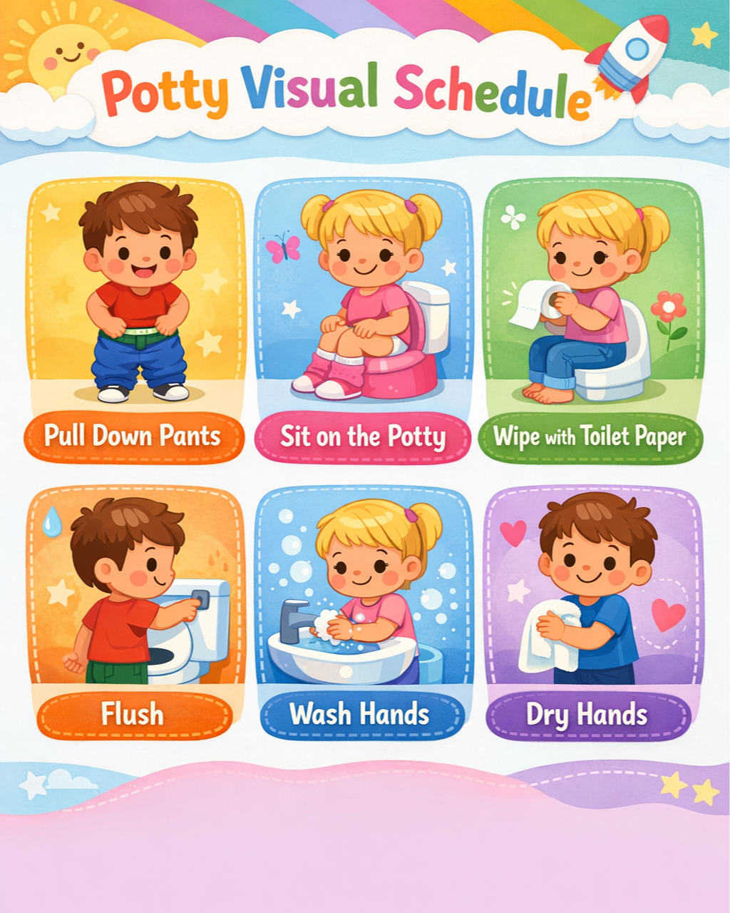 Visual schedule supporting a predictable toileting routine.