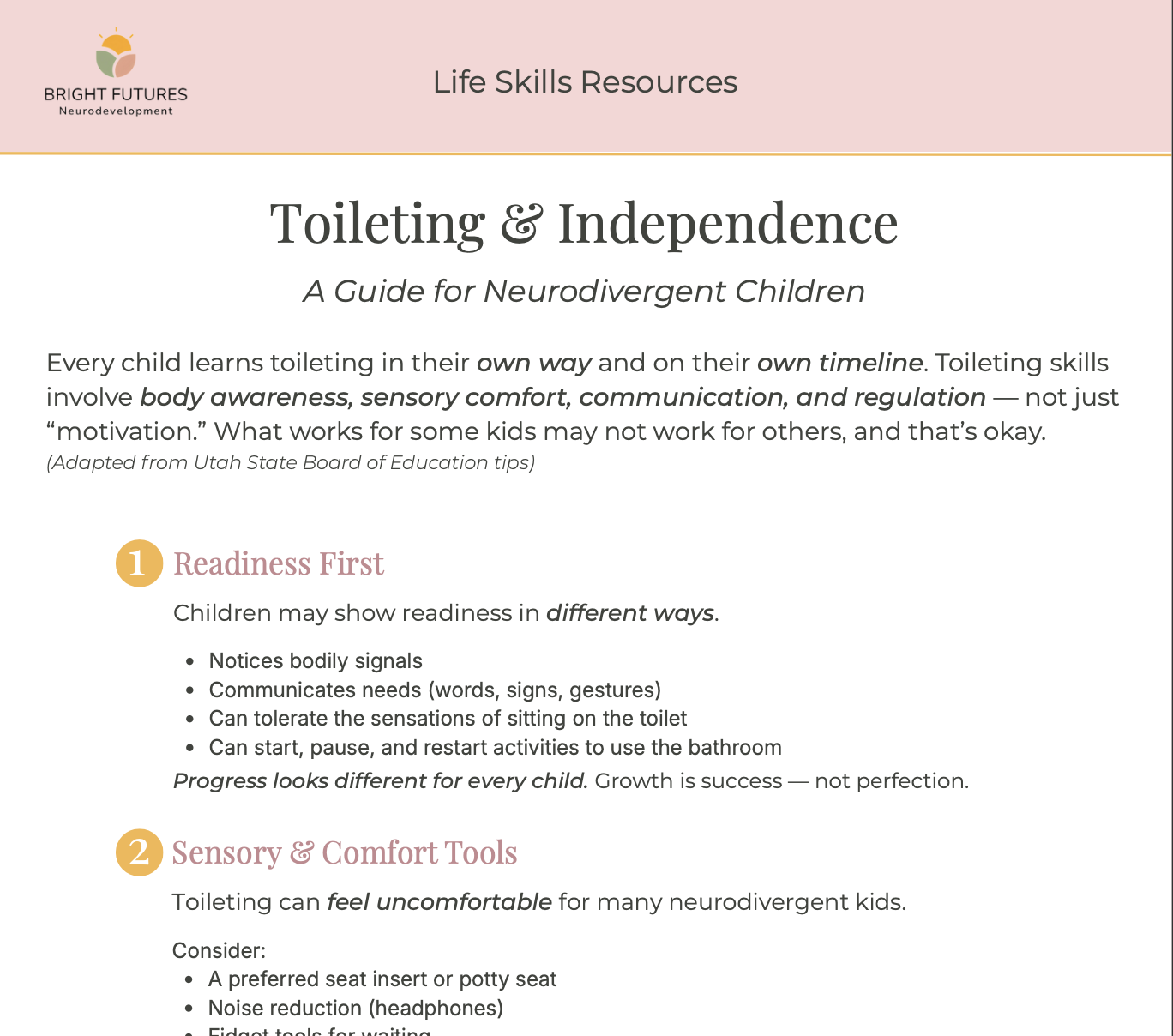Preview of a toileting and independence handout for neurodivergent children, highlighting readiness, routines, and sensory supports in a calm, supportive layout.
