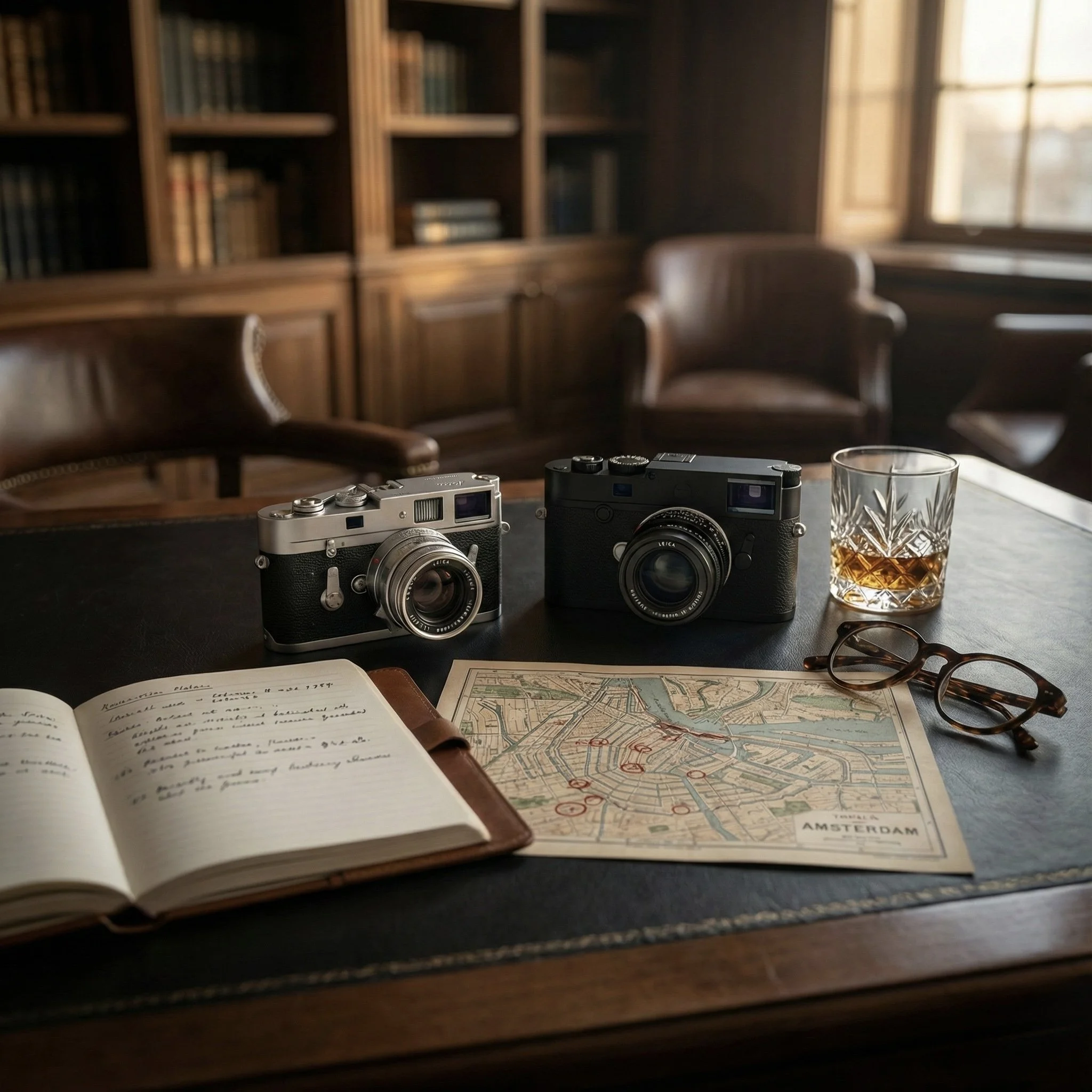 Two vintage cameras, a glass of whiskey, a pair of glasses, an open notebook with handwritten notes, and a map of Amsterdam on a dark table in a wood-paneled room with leather chairs.