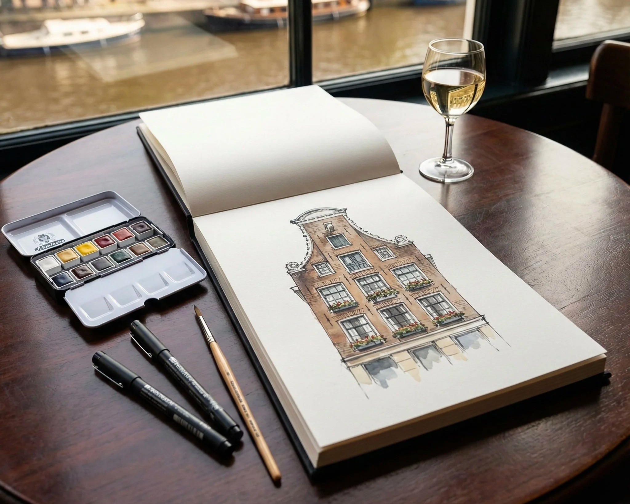 A watercolor painting of a European-style building with five stories, large windows with flower boxes, and a decorative gabled roof, on an open sketchbook on a round wooden table, with watercolor paints, brushes, and a glass of white wine nearby, overlooking a canal with boats through a window.