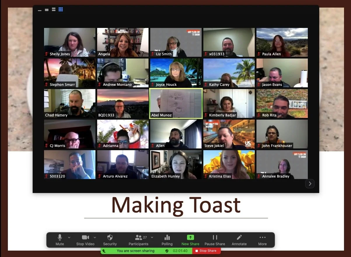 Screenshot of a virtual Zoom meeting with multiple participants. The bottom of the screen has meeting controls. The slide titled 'Making Toast' is displayed at the bottom of the image.