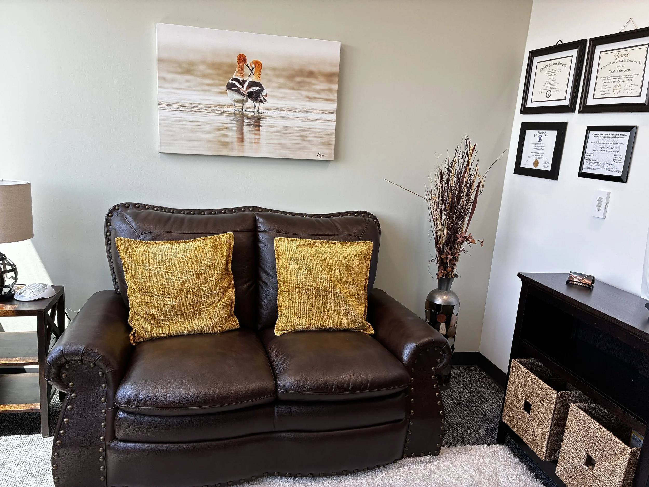 Designed with comfort and connection in mind, this counseling space offers a peaceful retreat for couples therapy and individual counseling. Warm colors, cozy seating, and scenic views foster a sense of safety, trust, and emotional well-being, suppor