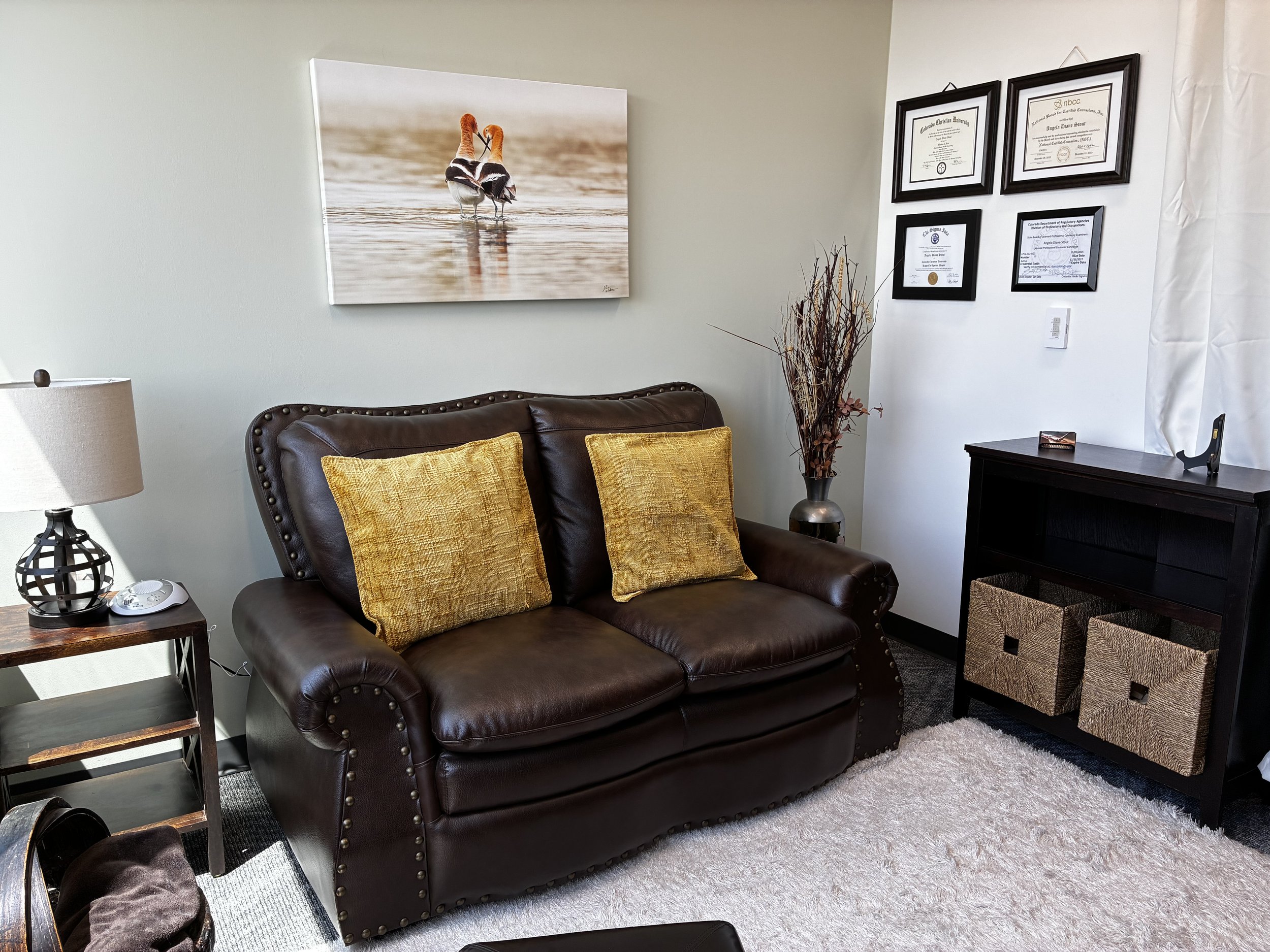 A warm and inviting counseling office designed to help individuals and couples feel safe, supported, and comfortable. Featuring natural light, calming décor, and peaceful views, this therapeutic environment encourages open conversations, emotional he