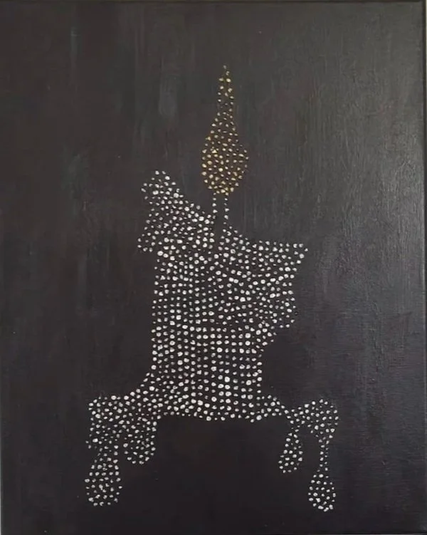  
 Lys 
   40x50 lærred, akryl, modeling paste, slagmetal. 
 Pris 800,- DKK   
 