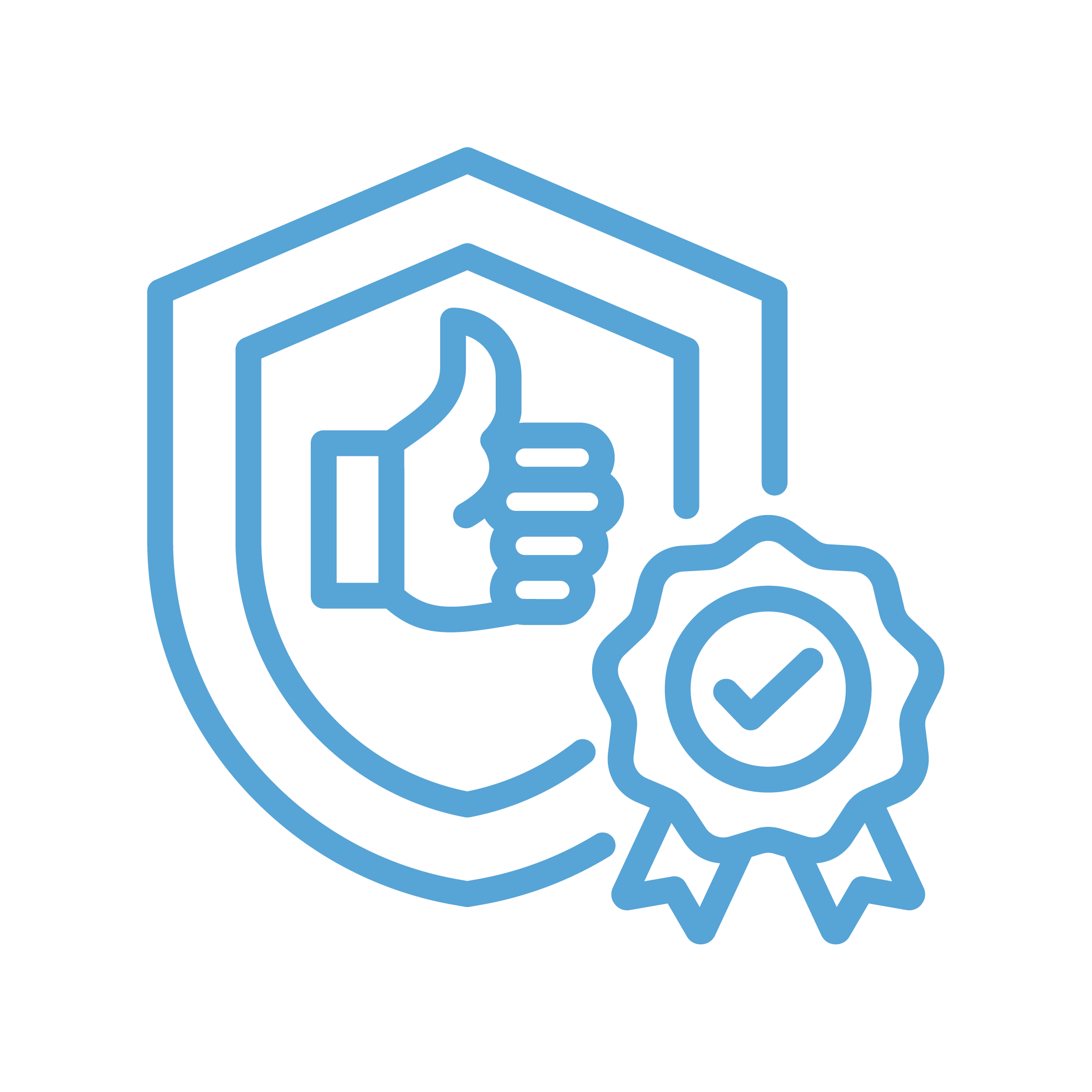 Icon of a shield with a thumbs-up symbol and a ribbon with a checkmark, representing security and certification.