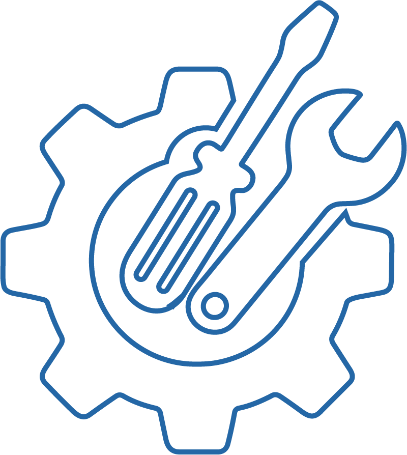 Line drawing of a gear with a screwdriver and wrench crossing inside it, symbolizing maintenance or repair tools.