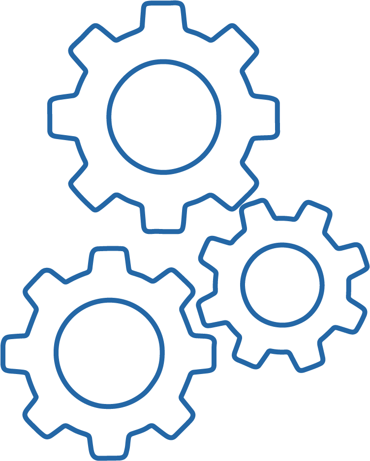 Outline of three interconnected blue gears on a black background.