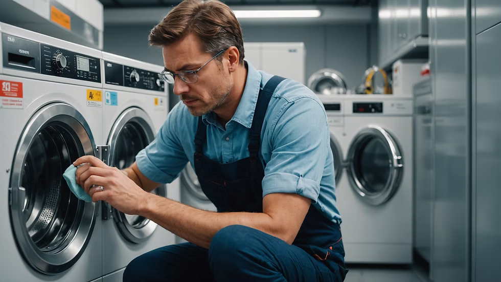 A man inspecting a washing machine in a laundromat, wearing glasses, a blue shirt, and an apron.