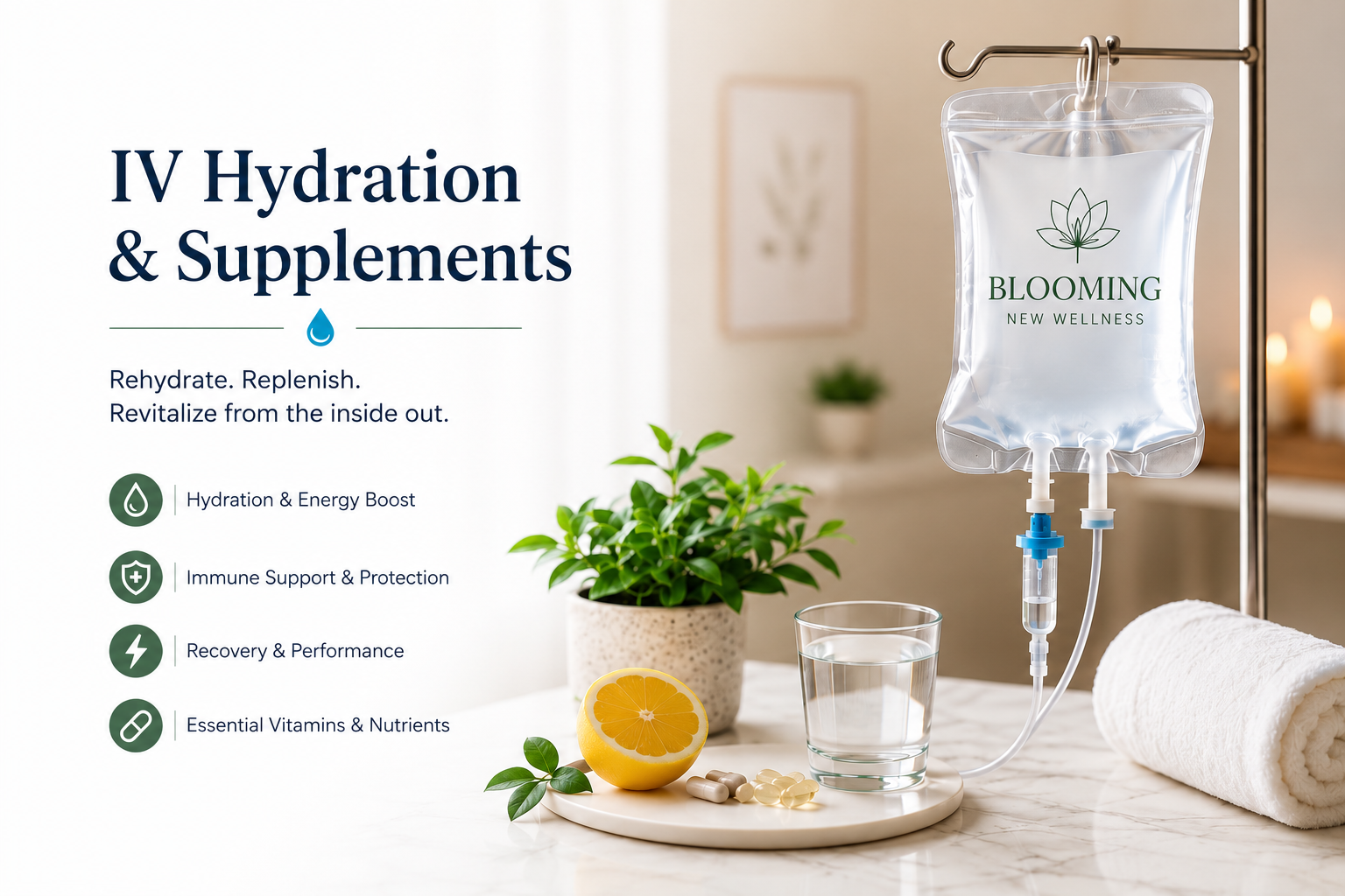 IV hydration therapy setup with a hydration bag labeled 'Blooming New Wellness' hanging on an IV stand, a glass of water, a sliced lemon, white capsules, a potted plant, and a rolled white towel on a marble surface, with a background of blurred candles and picture frames.