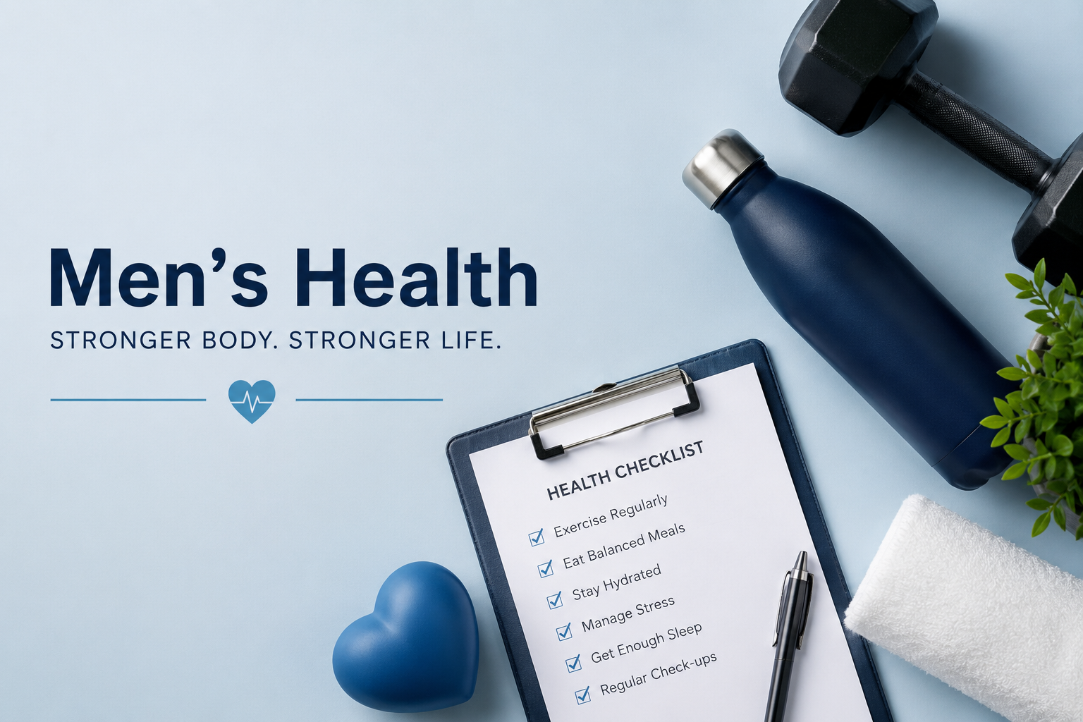 A flat lay of men's health items including a pair of black dumbbells, a navy water bottle, a white towel, a clipboard with a health checklist, a silver pen, a blue heart-shaped object, and some green plant leaves on a light blue background with the text 'Men's Health' and 'Stronger Body. Stronger Life.'