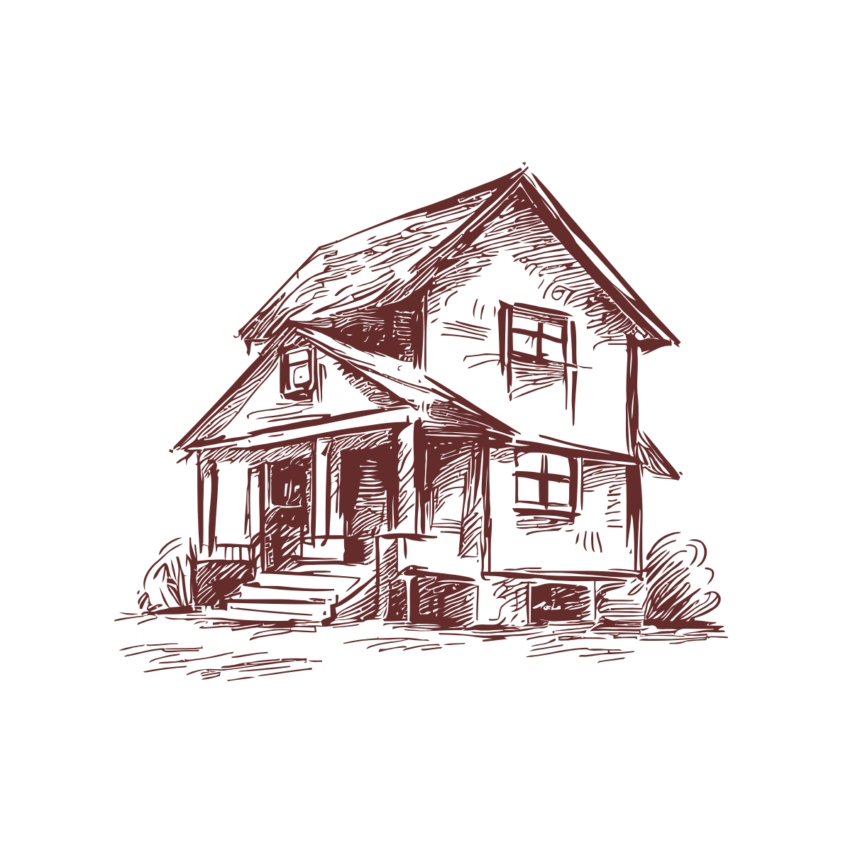 Line drawing of a two-story house with a front porch and stairs, shown on a black background.