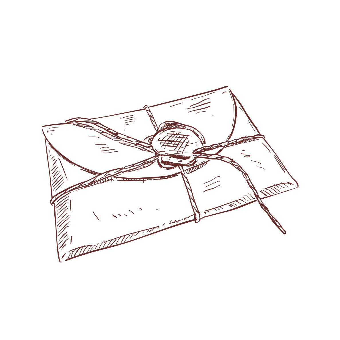 Sketch of a wrapped gift box tied with a string and sealed with a wax stamp on top.