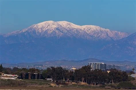 Snow-capped mountain in the distance with a cityscape and trees in the foreground.