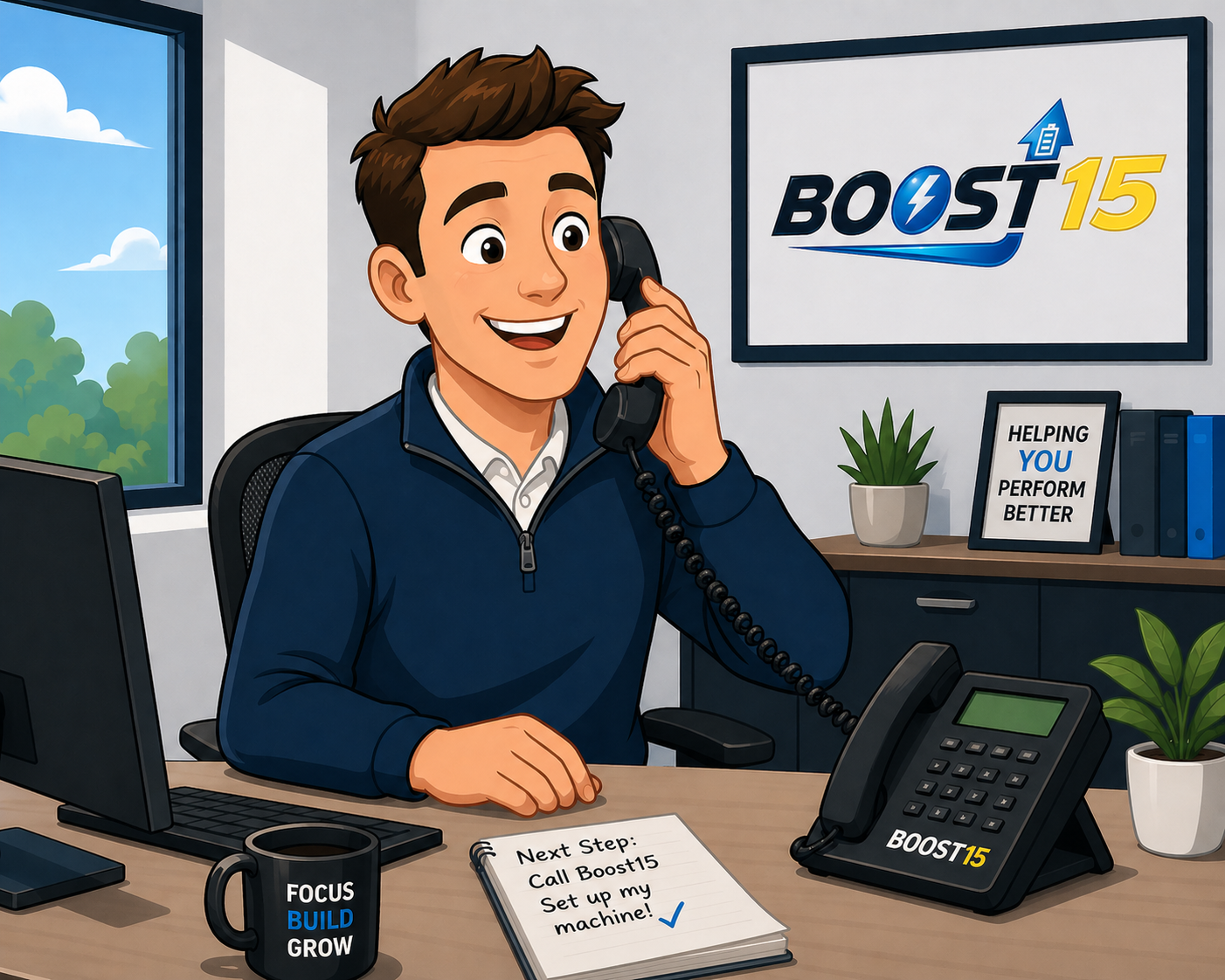 A cartoon man sitting at an office desk talking on the phone, with a Boost15 sign on the wall behind him and a notebook that reads 'Next Step: Call Boost15, Set up my machine!' on the desk