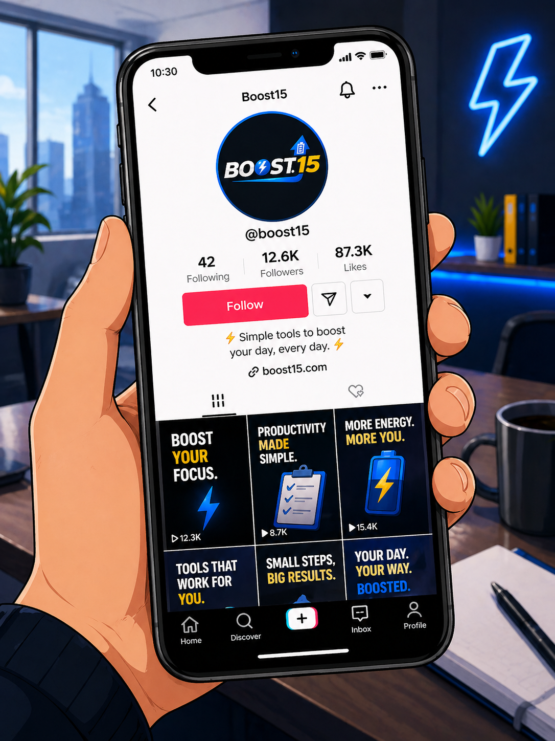 A person holding a smartphone displaying a TikTok profile page for Boost15, a tool for boosting productivity and energy, in a modern office setting with large windows, a city skyline, plants, and desk items in the background.