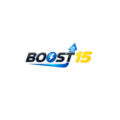 A logo with the words 'BOOST 15', featuring a lightning bolt inside the letter 'O' and a small house on a sailboat above the number 15, with a black background.