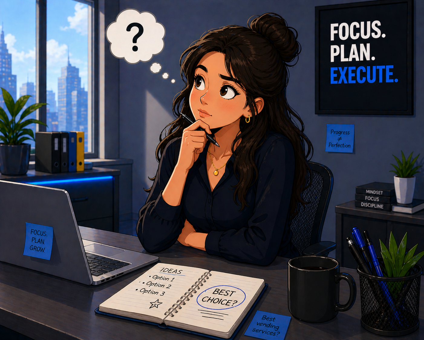 Illustration of a woman with long wavy brown hair, sitting at a desk in an office, thinking with a pen in hand, surrounded by motivational posters, folders, and plants.