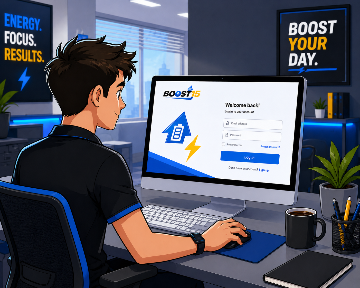 An animated person sitting at a desk, using a computer with the Boost15 login page on the screen. The background includes motivational posters and office decor.
