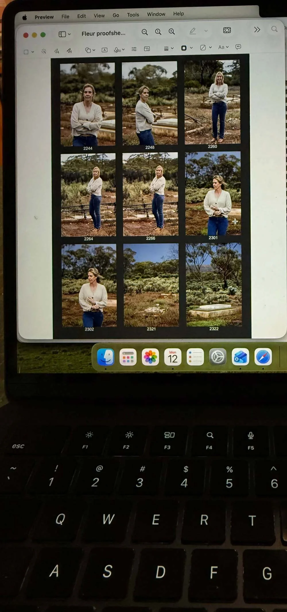 Close up of a laptop screen showing images from a photoshoot. Nine different images of Fleur