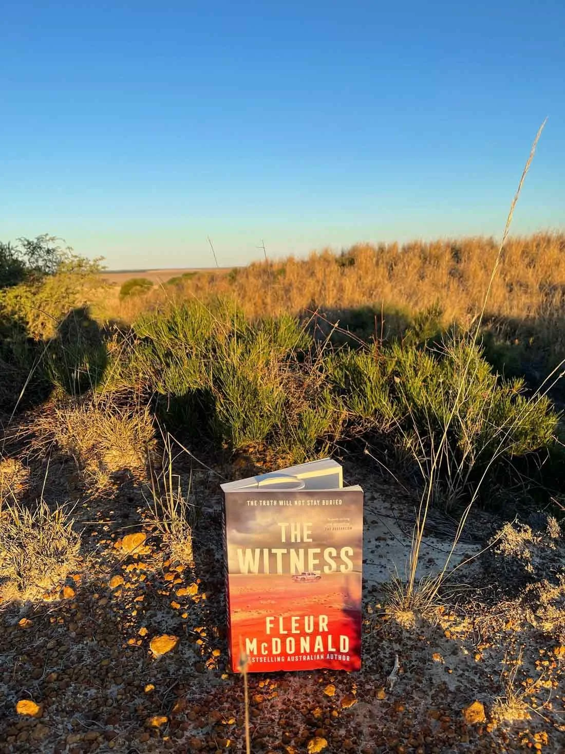 Fleur's new book The Witness held up against a farming background