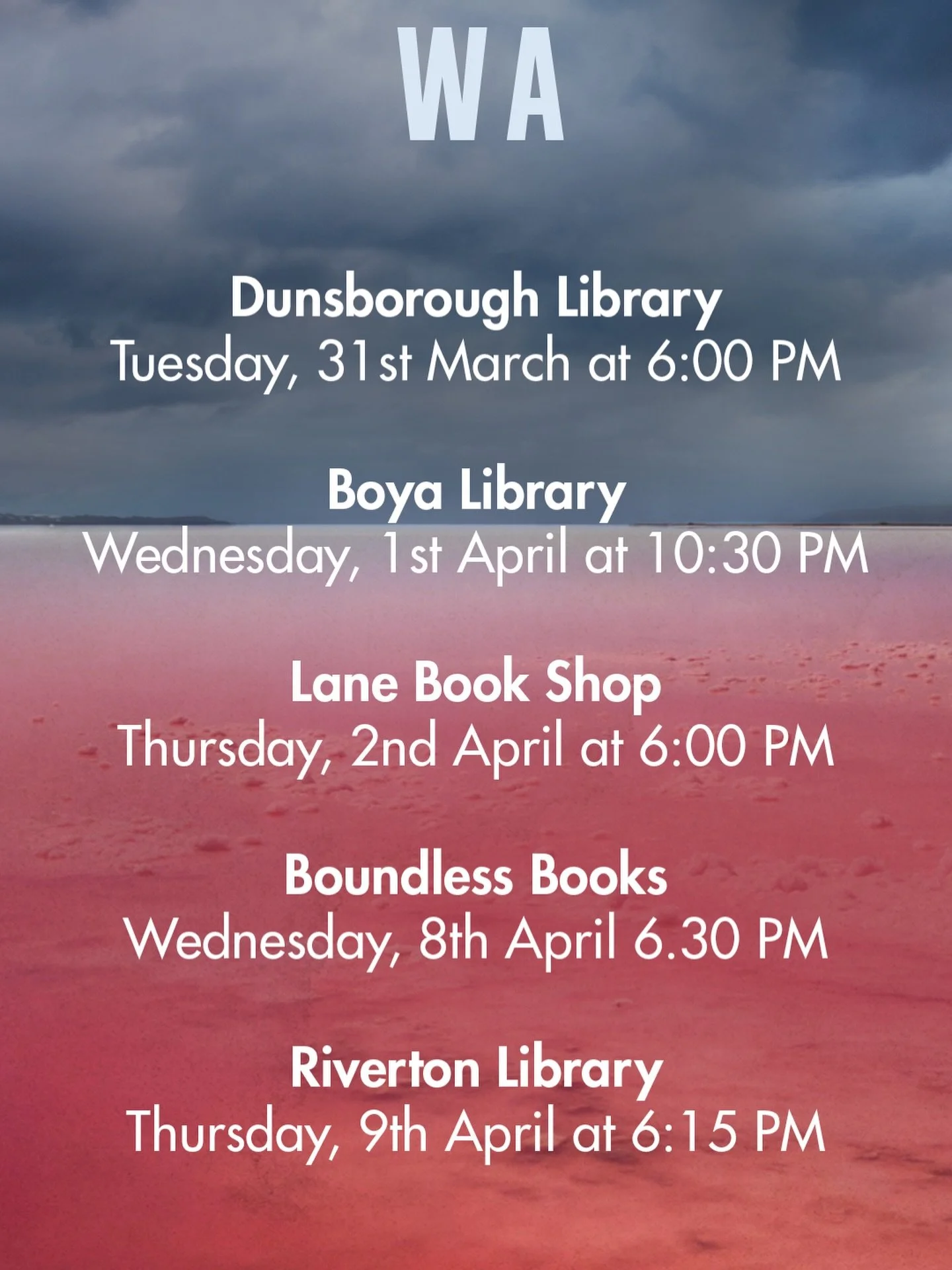 Western Australia! The tour for The Witness in FOUR DAYS! Here&rsquo;s where I&rsquo;m going to be:
👉 Dunsborough Library 31st April 6pm
👉Boya Library 1st April 10:30am
👉Lane Bookshop 2nd April 6:00pm
👉Boundless Books 8th April 6:30pm
👉Riverton 
