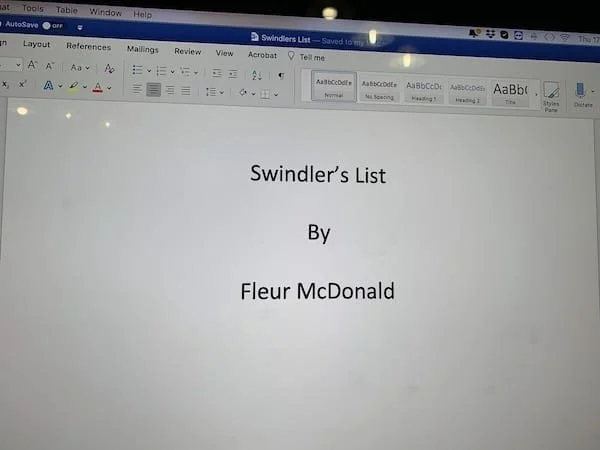 A computer screen. Text: Swindlers List by Fleur McDonald