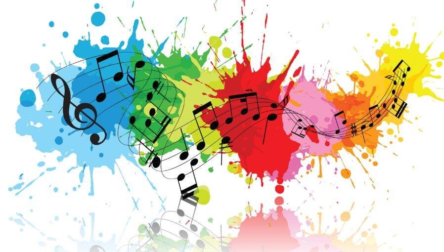 Colour splatters with lines of music notes through it