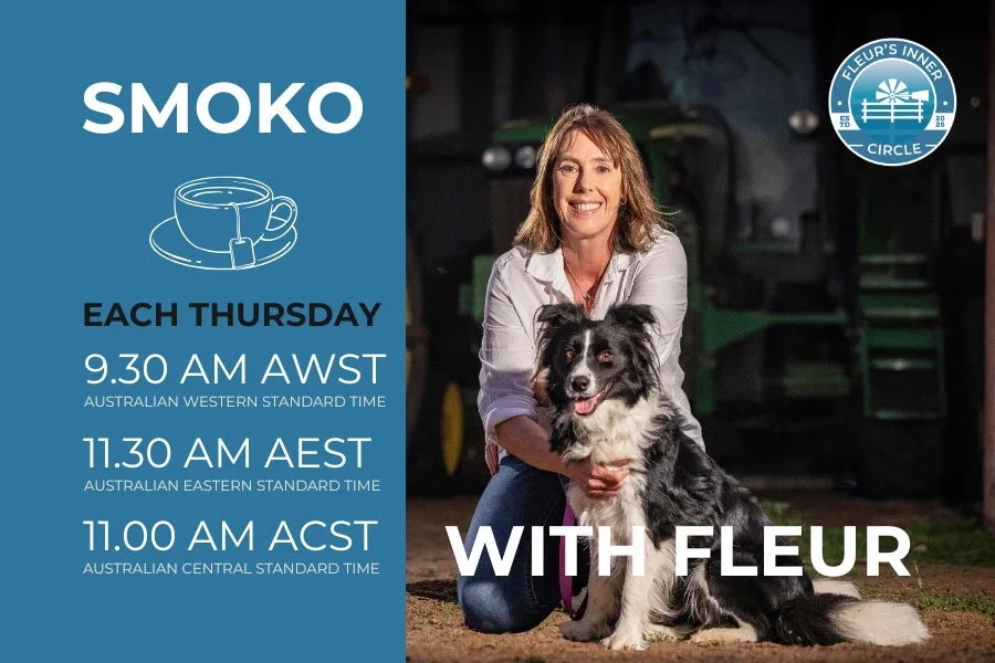 Image of Fleur smiling with her dog. Text: Smoko with Fleur Each Thursday 9.30 AM WA time