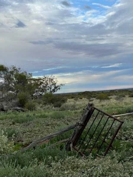 Blue sky across a field with a broken fence
