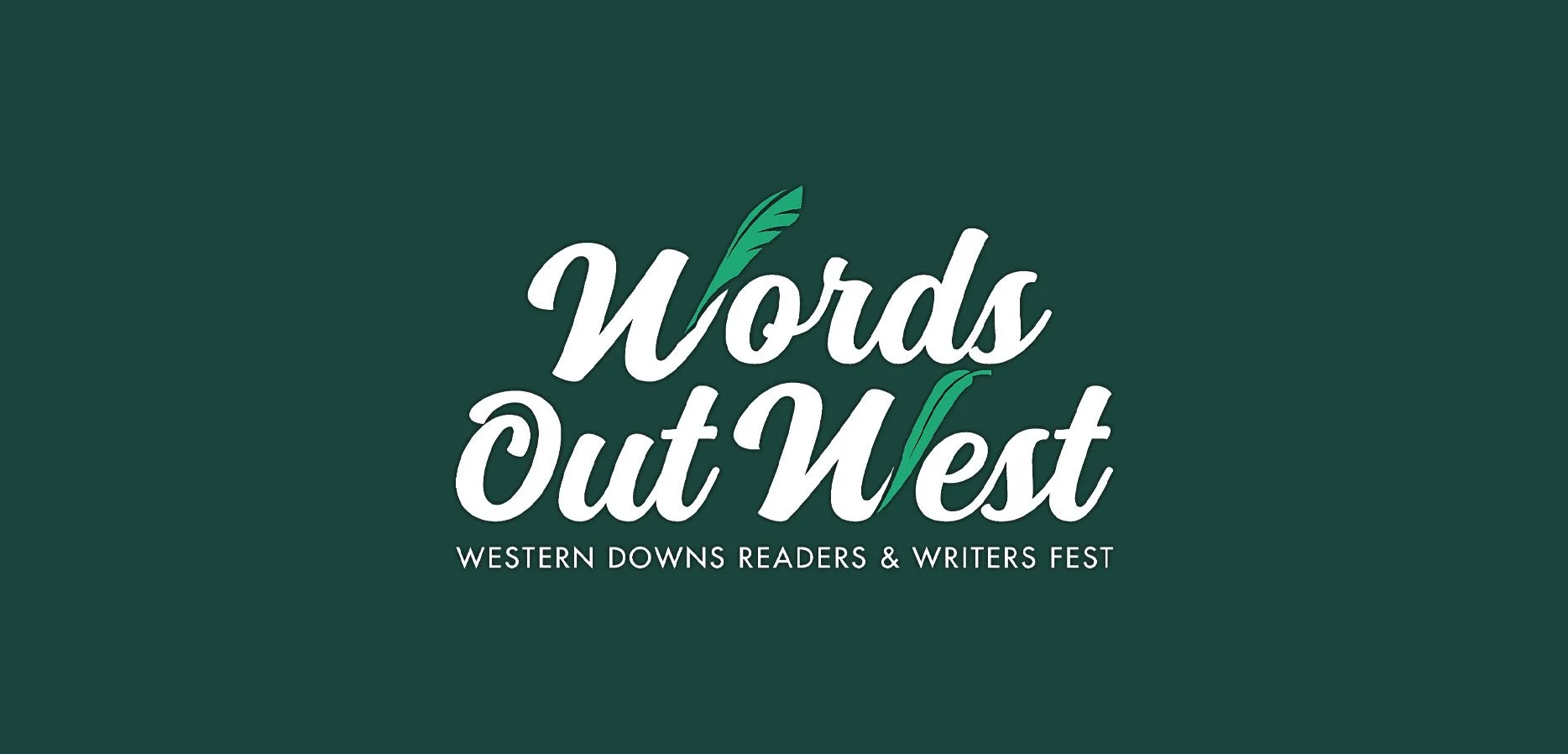 Text: Words Out West - Western Downs Readers & Writers Fest ( Logo with Feathers coming out of the W)