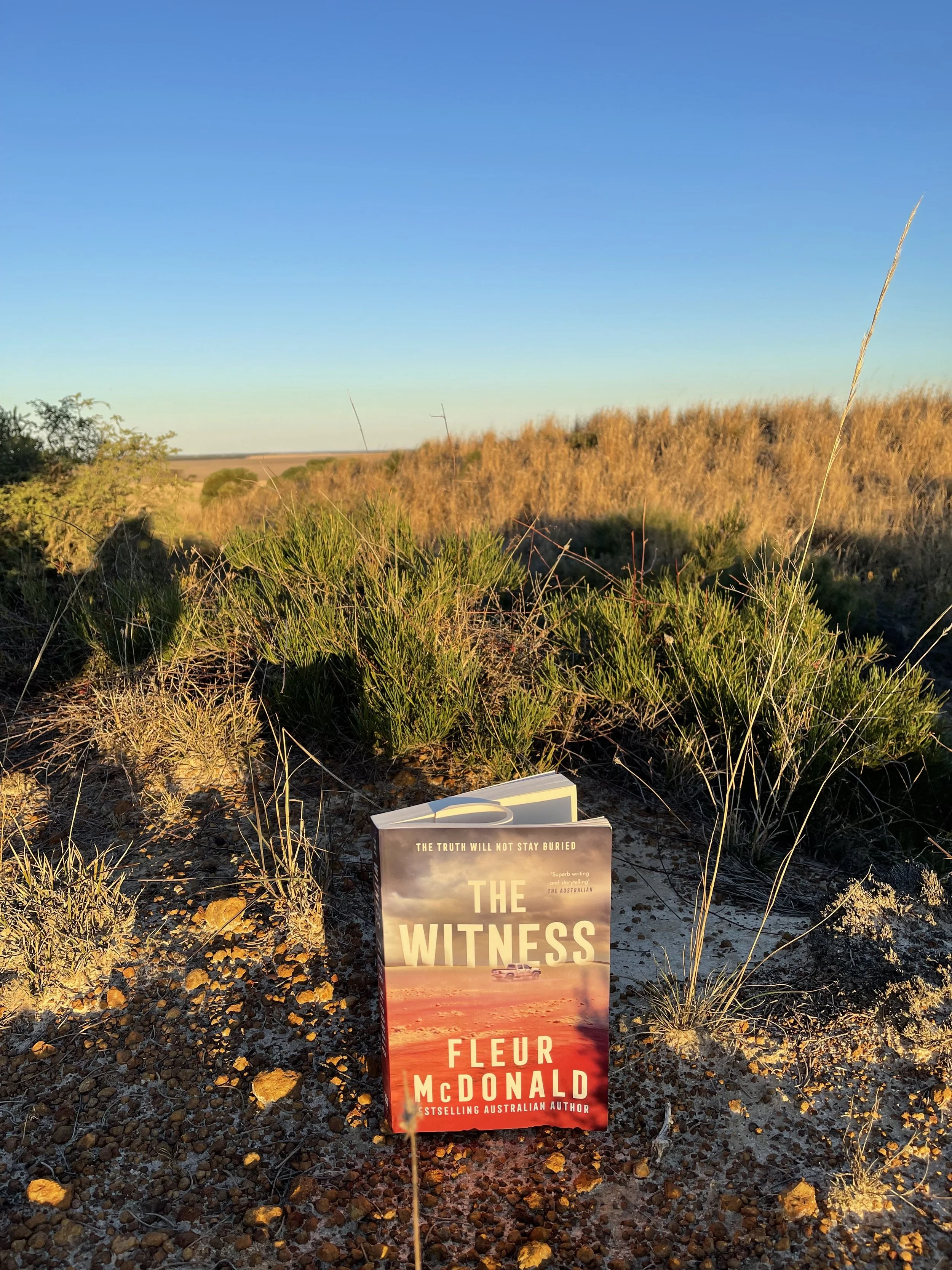 Fleur's new book The Witness held up against a farming background