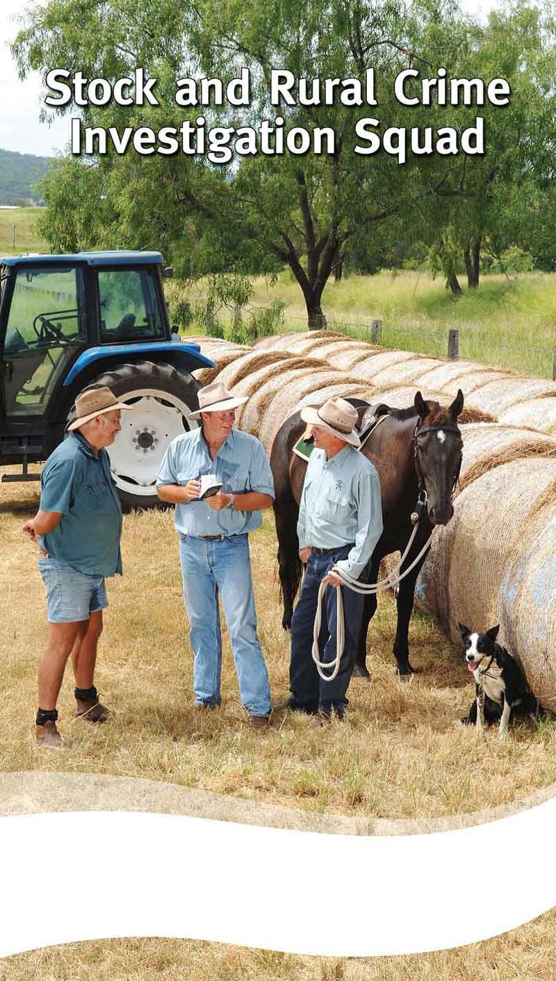 Three men stand together talking. All in akubras, one is holding a horse. Hay Bales in rows behind them with a tractor and a trusty dog with them
